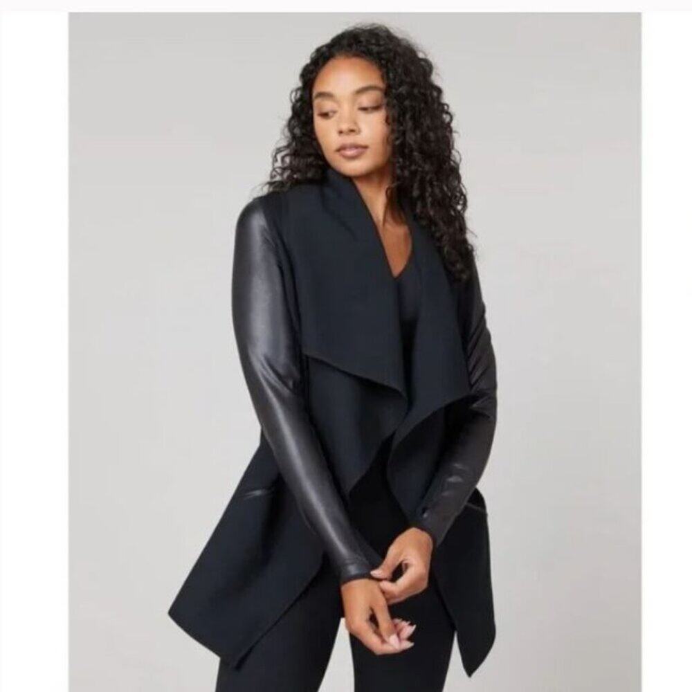 SPANX Faux Leather Drape Front Jacket Black Relaxed Fit Moto Blazer Sz L